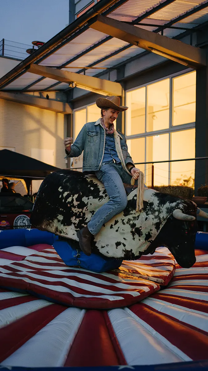a freiheit.com members is bullriding at the xmas party